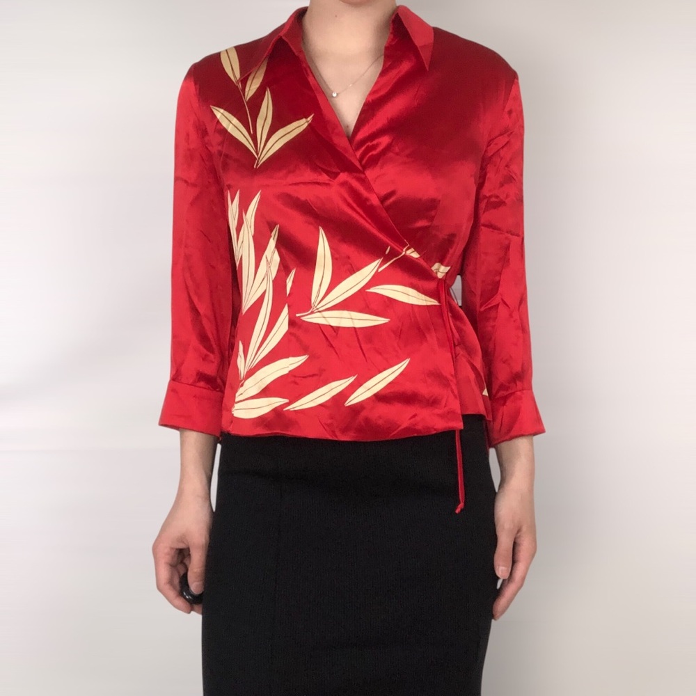 NWOT Vintage Y2K ICE Silk‎ Wrap Waist V Neck Collared Botanical Blouse Size M